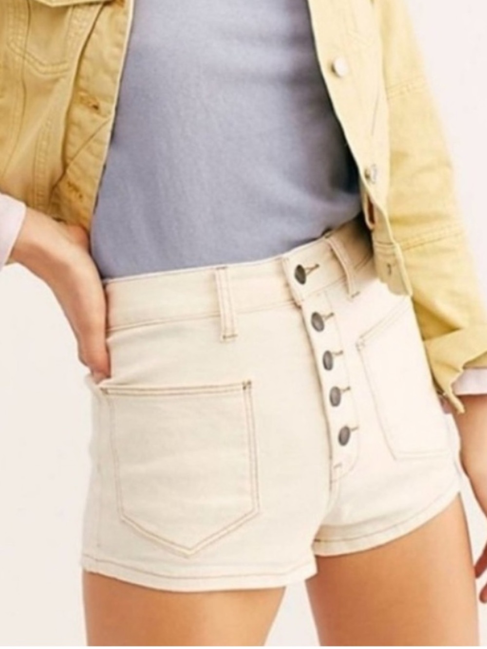 Old Navy High-Waist Cream Oat Blue Denim Shorts Patch Pockets 16 Girls Mariner